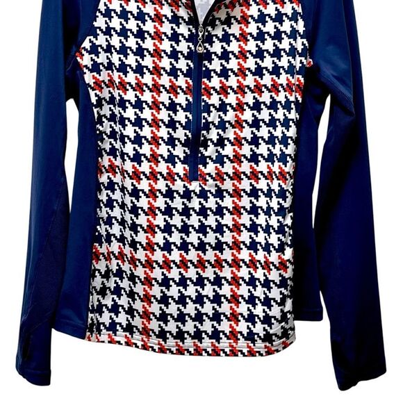 Red and Blue Raglan 3/4 Zip Blouse with Graphic Design - Picture 10 of 14